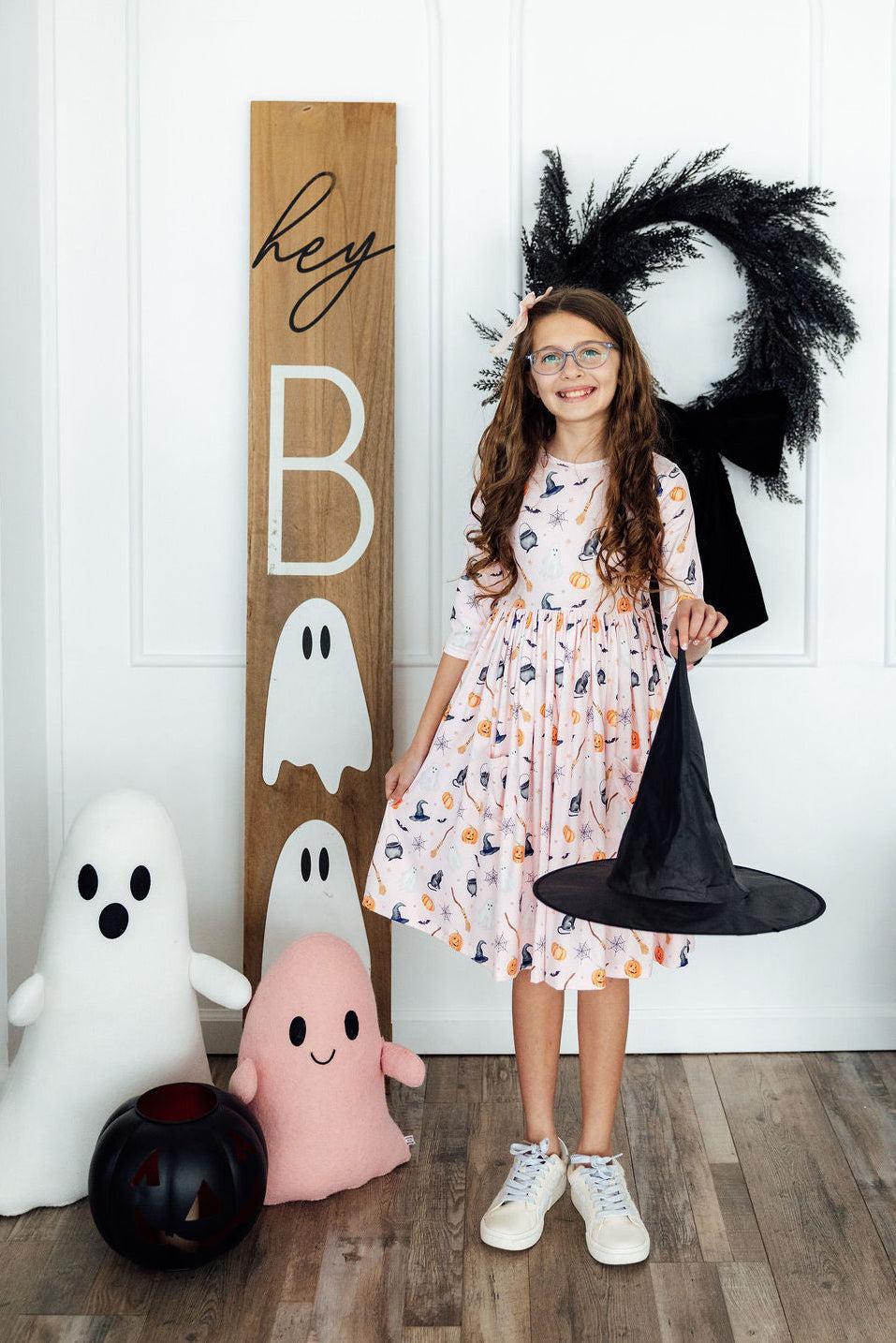 Hey Boo 3/4 Sleeve Pocket Twirl Dress-Mila & Rose ®