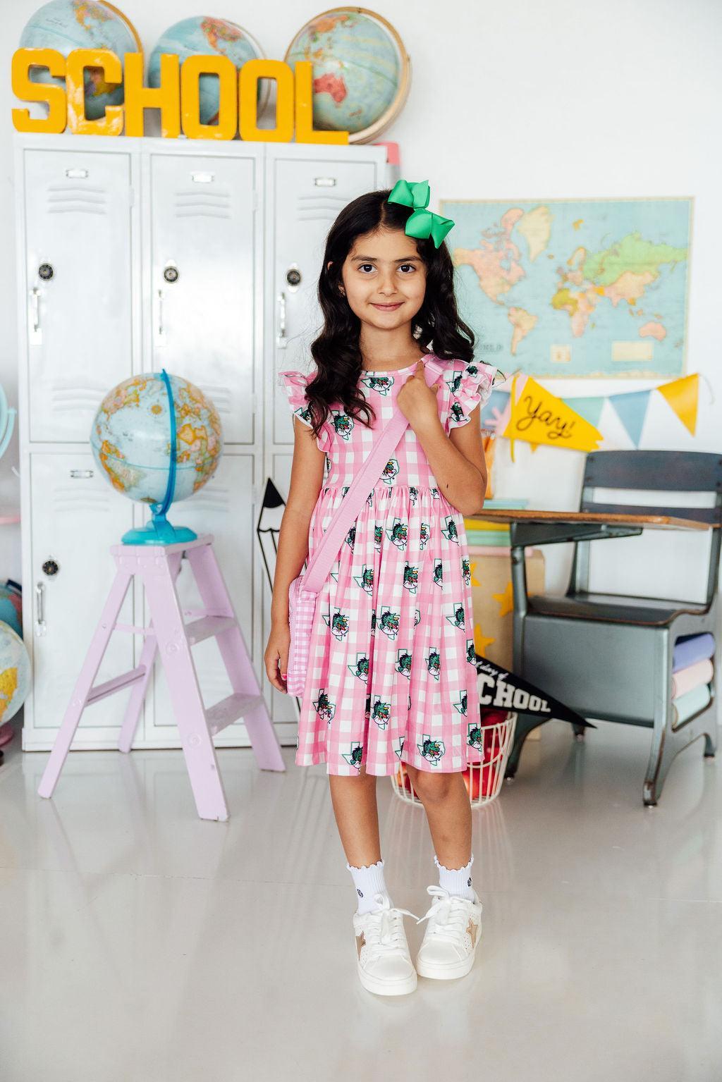 Southlake Carroll Gingham Dragons Flutter Twirl Dress-Mila & Rose ®