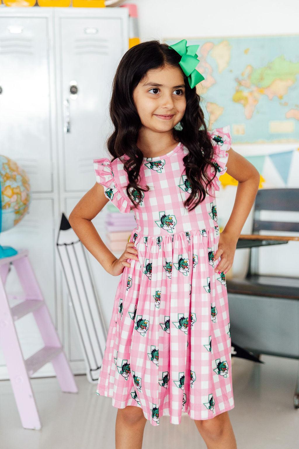 Southlake Carroll Gingham Dragons Flutter Twirl Dress-Mila & Rose ®