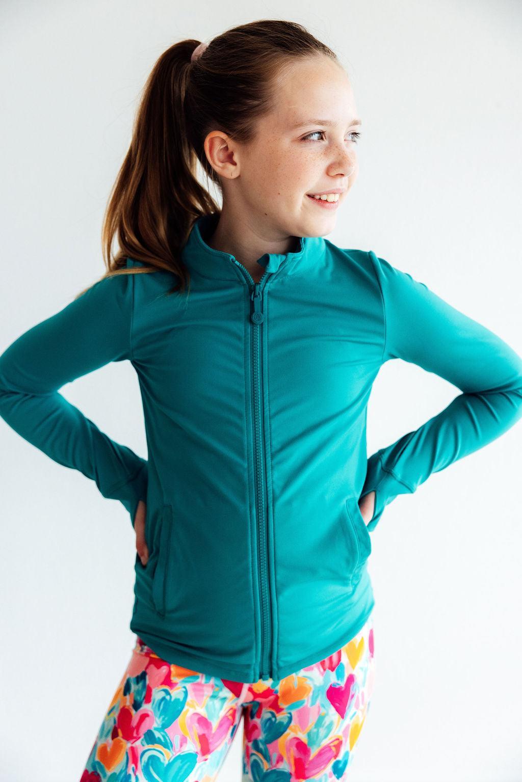 Turbo Teal Full-Zip Ruffle Active Jacket-Mila & Rose ®