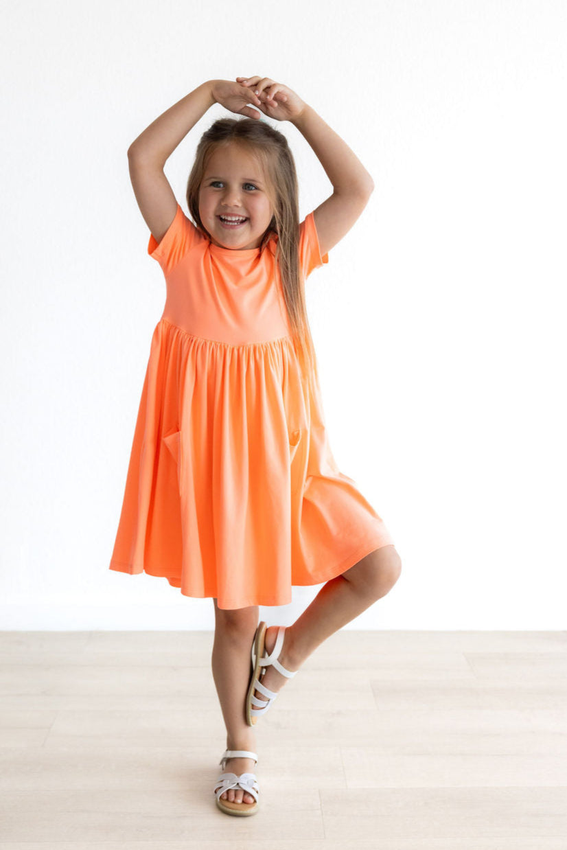 Neon Coral S/S Pocket Twirl Dress-Mila & Rose ®