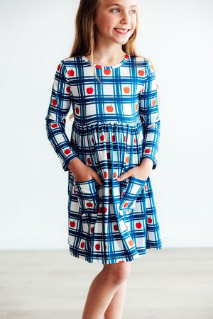 Plaid Apples L/S Pocket Twirl Dress-Mila & Rose ®