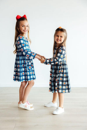 Plaid Apples L/S Pocket Twirl Dress-Mila & Rose ®