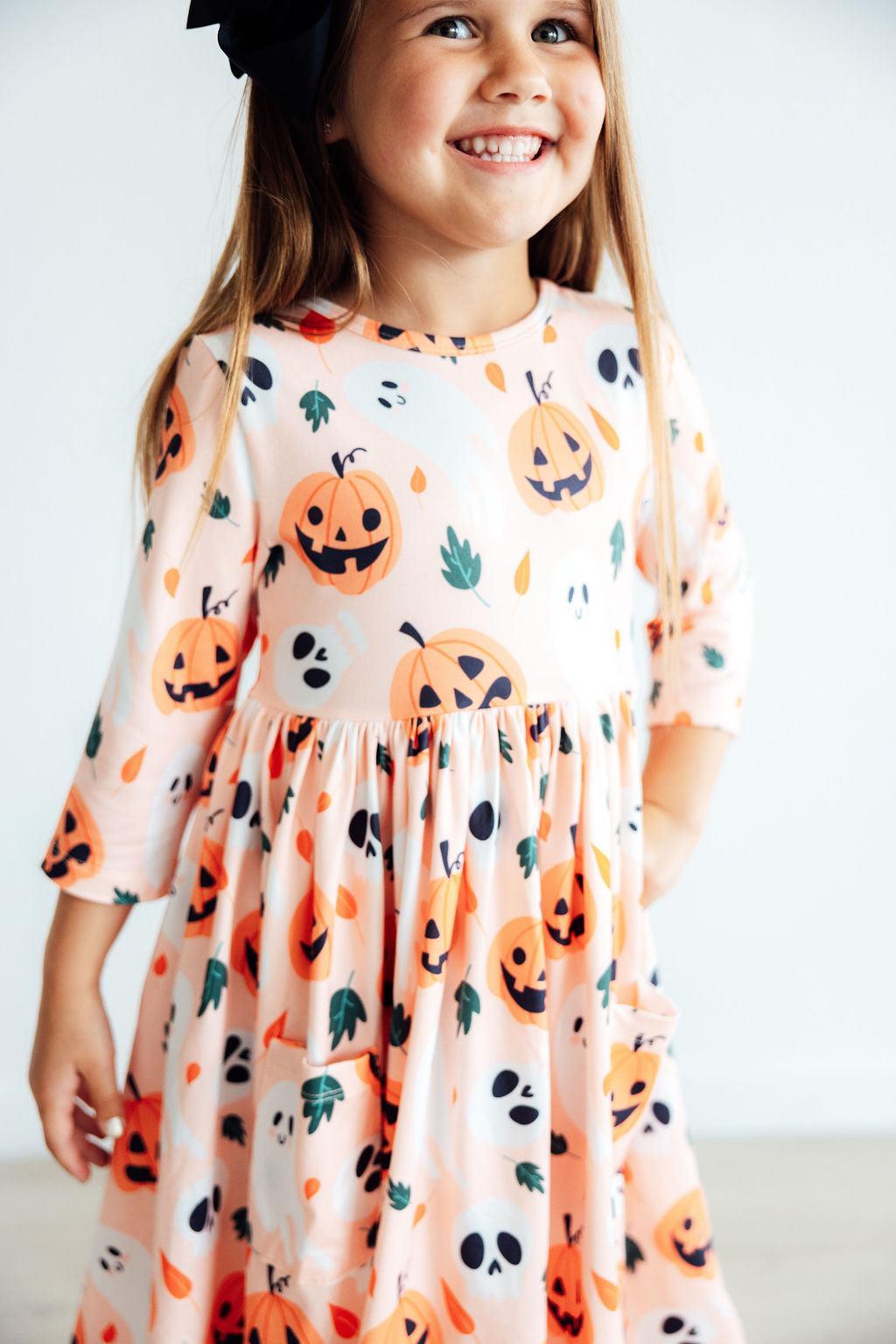 Pumpkin Peekaboo 3/4 Sleeve Pocket Twirl Dress-Mila & Rose ®