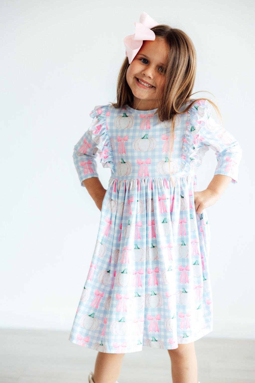 Pumpkin Picnic 3/4 Sleeve Ruffle Twirl Dress-Mila & Rose ®