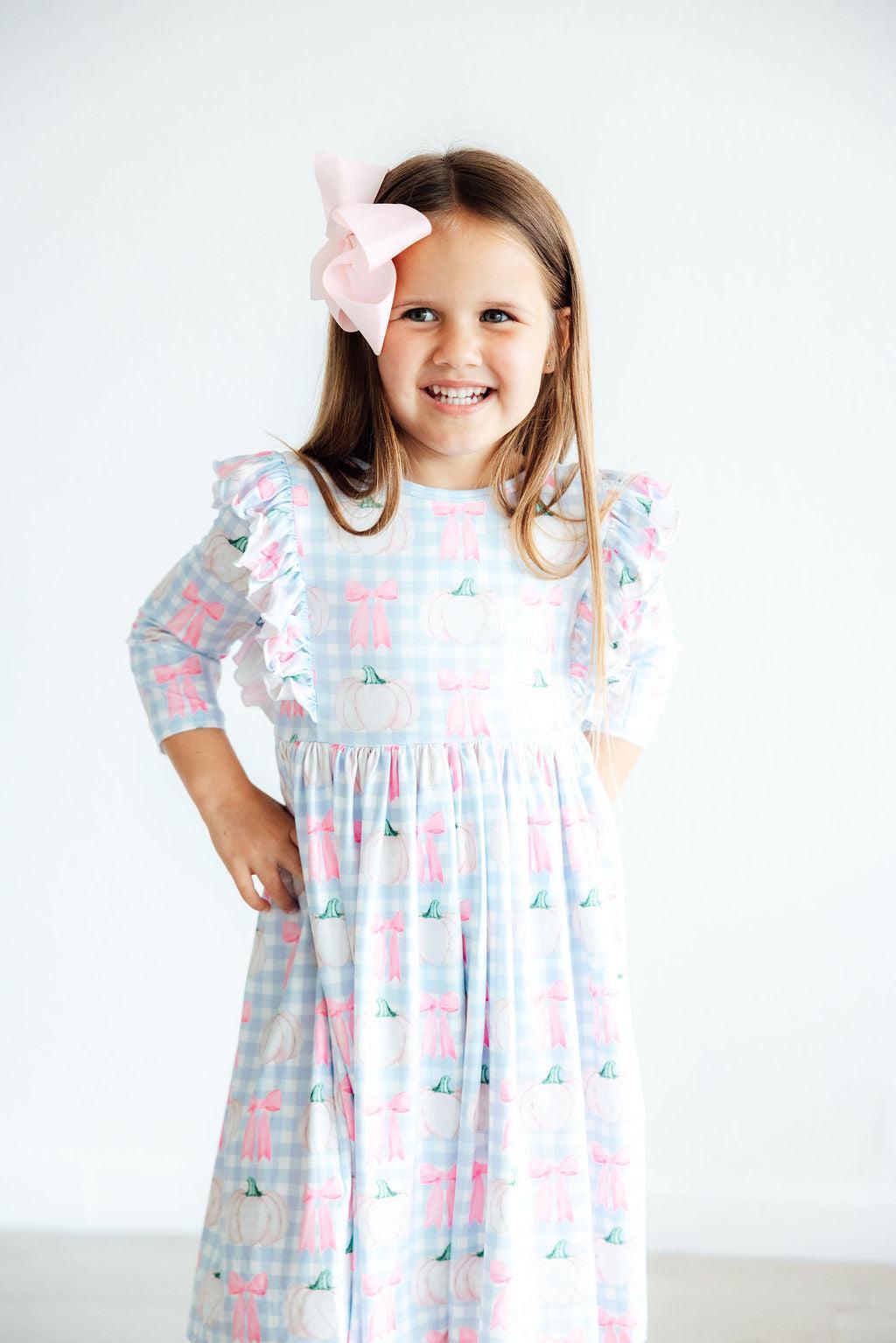 Pumpkin Picnic 3/4 Sleeve Ruffle Twirl Dress-Mila & Rose ®