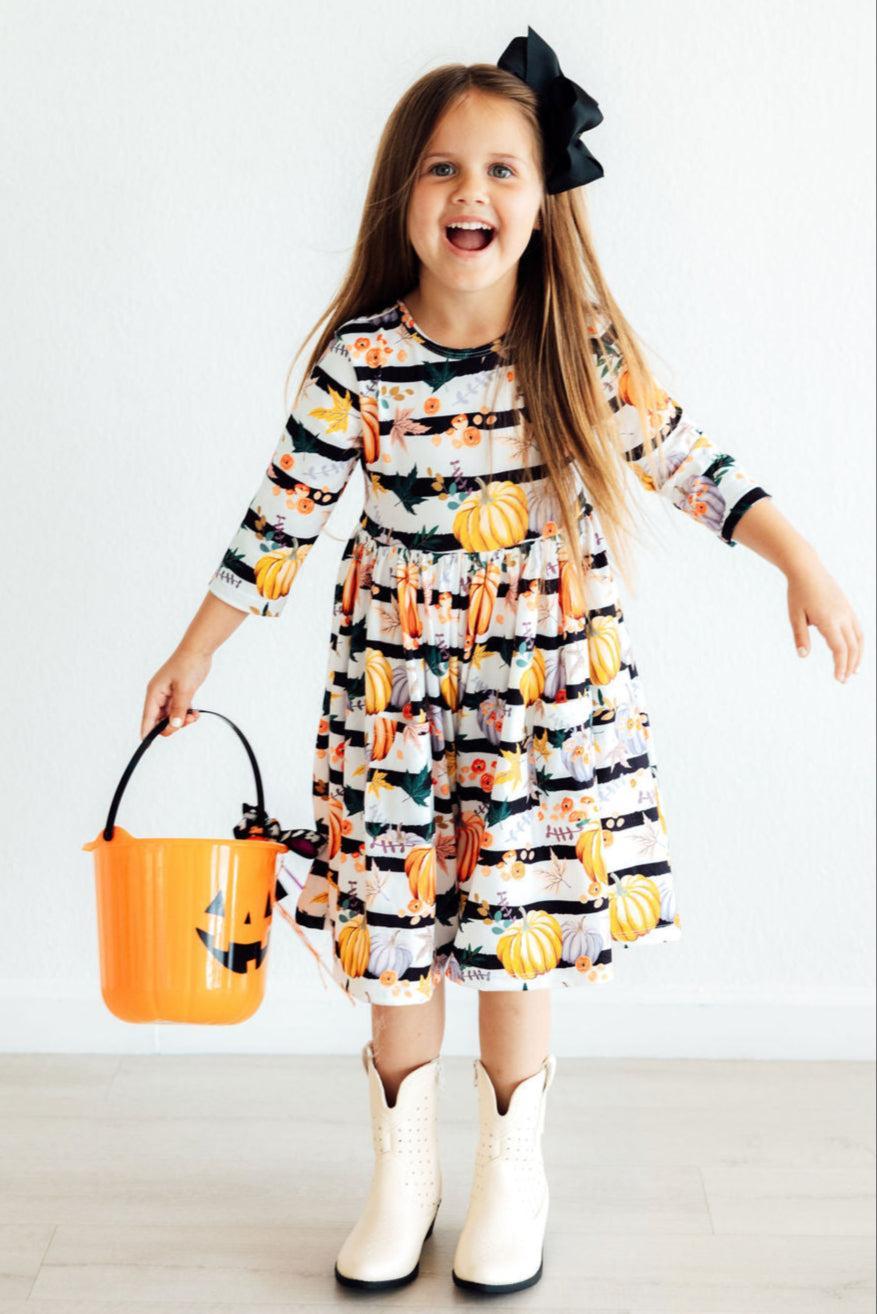 Pumpkins & Peonies 3/4 Sleeve Pocket Twirl Dress-Mila & Rose ®
