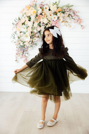 Olive Shimmer 3/4 Sleeve Tutu Dress-Mila & Rose ®