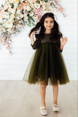 Olive Shimmer 3/4 Sleeve Tutu Dress-Mila & Rose ®
