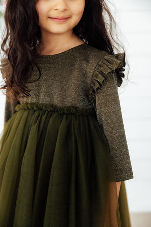 Olive Shimmer 3/4 Sleeve Tutu Dress-Mila & Rose ®