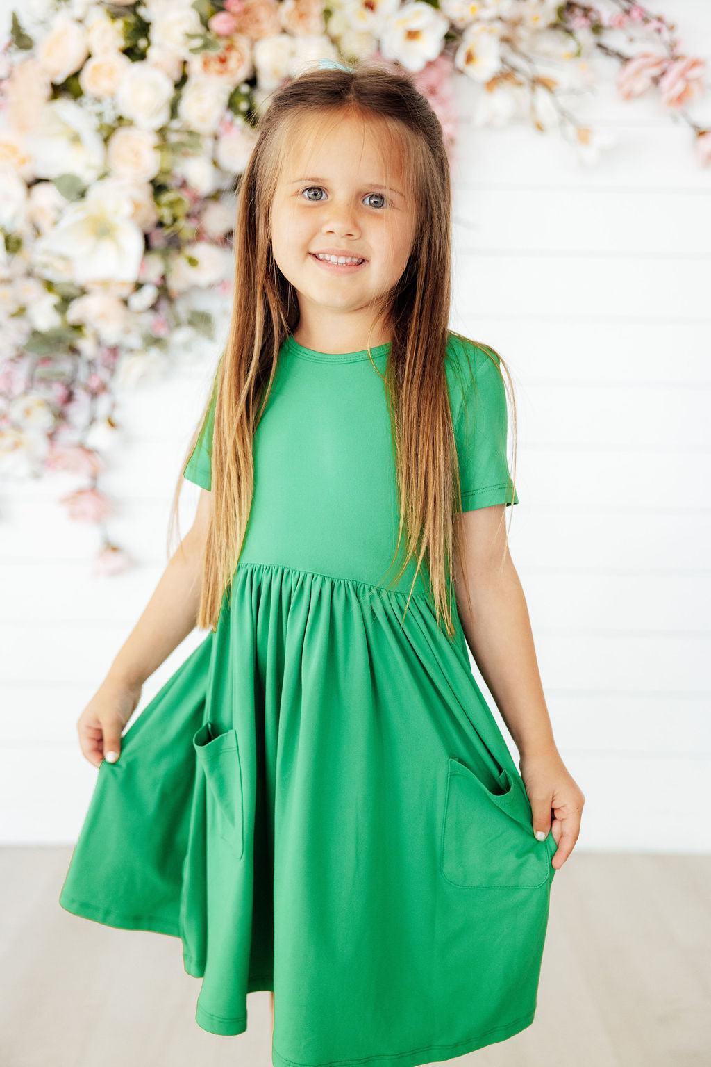 Kelly Green S/S Pocket Twirl Dress-Mila & Rose ®
