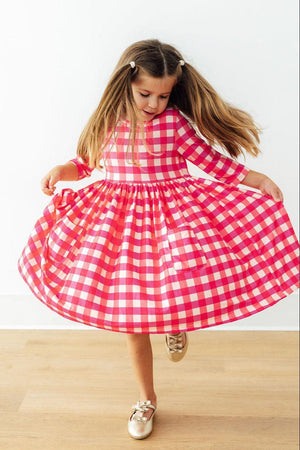 Hot Pink Gingham 3/4 Sleeve Pocket Twirl Dress-Mila & Rose ®