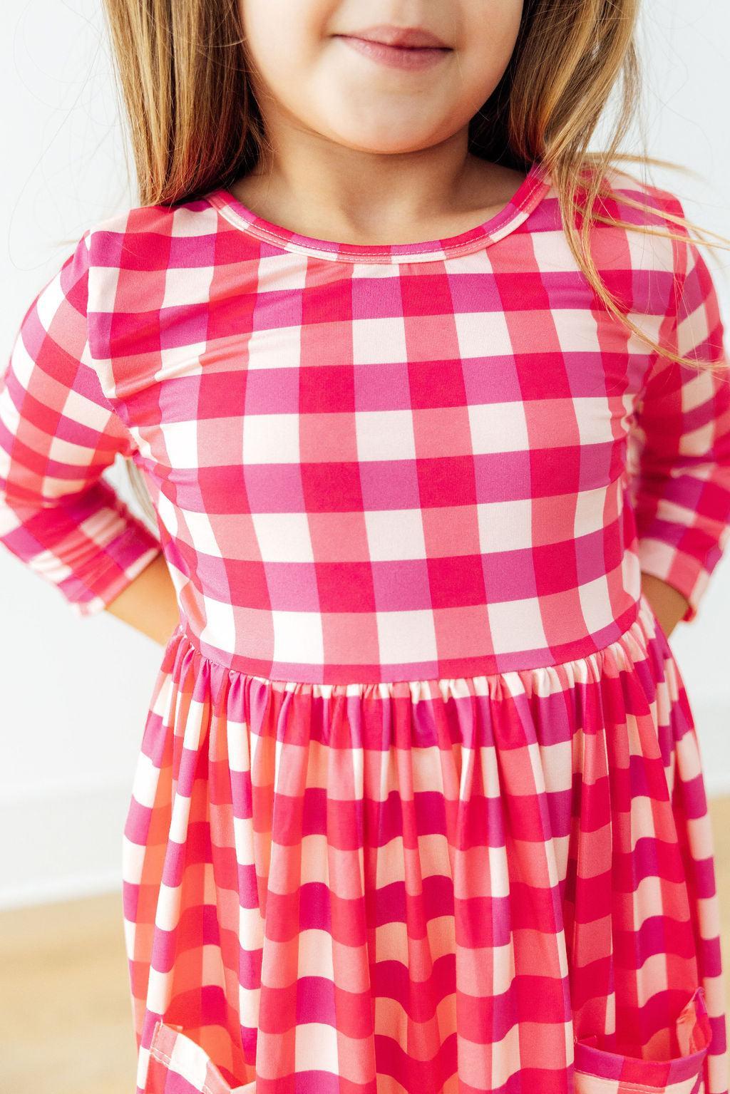 Hot Pink Gingham 3/4 Sleeve Pocket Twirl Dress-Mila & Rose ®