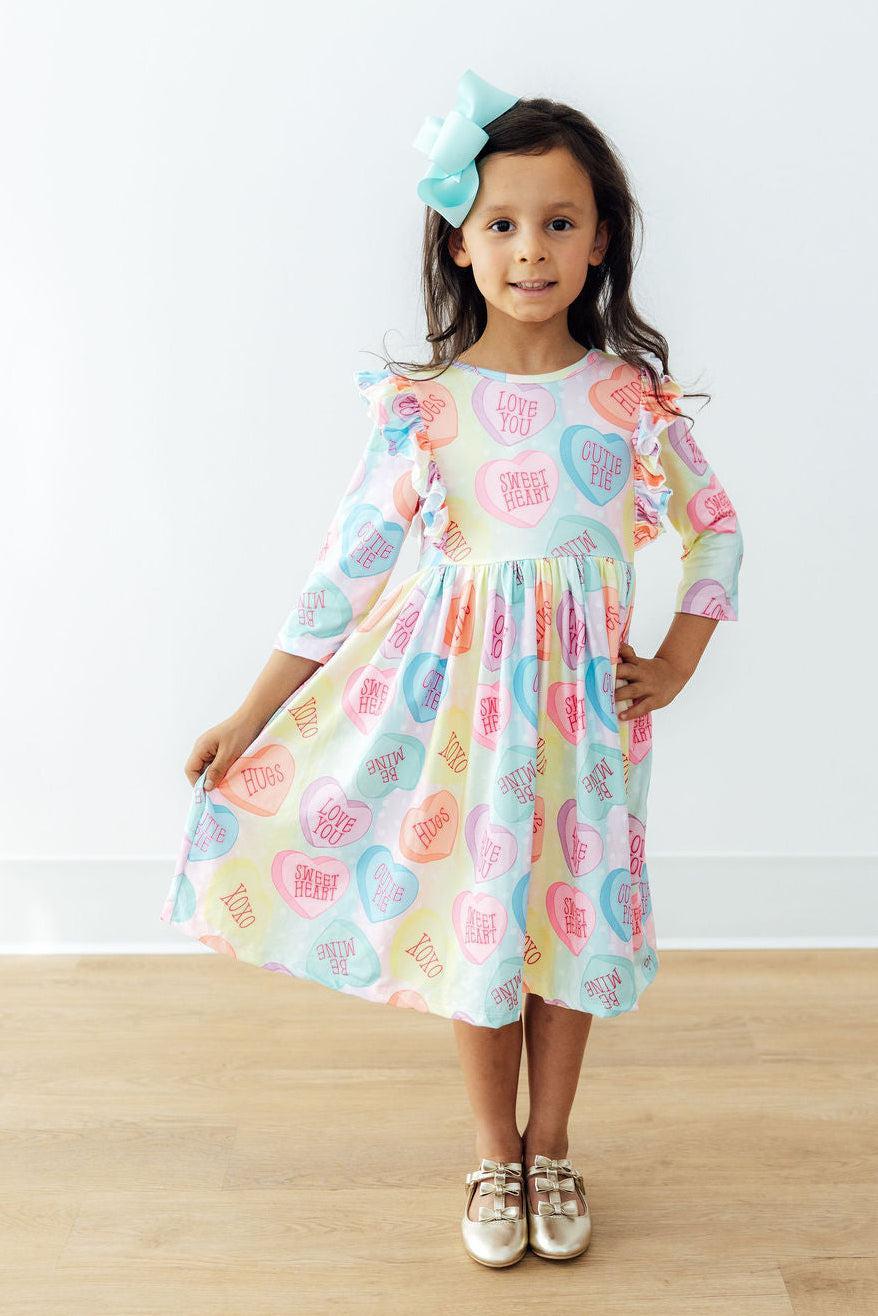 Conversation Hearts 3/4 Sleeve Ruffle Twirl Dress-Mila & Rose ®