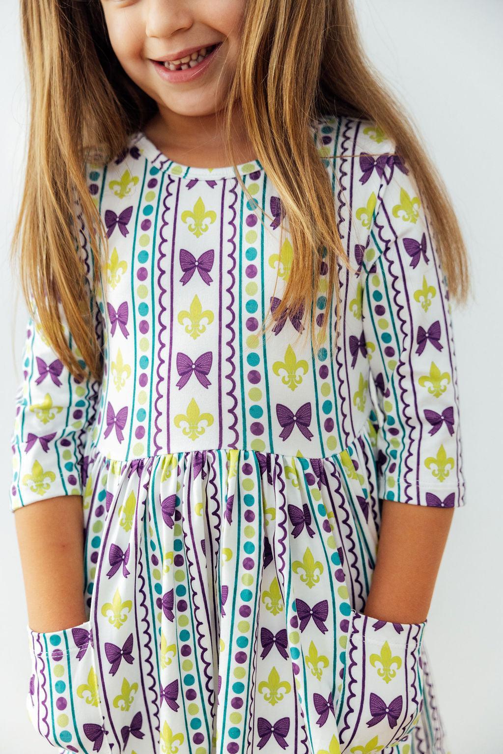 Mardi Gras 3/4 Sleeve Pocket Twirl Dress-Mila & Rose ®