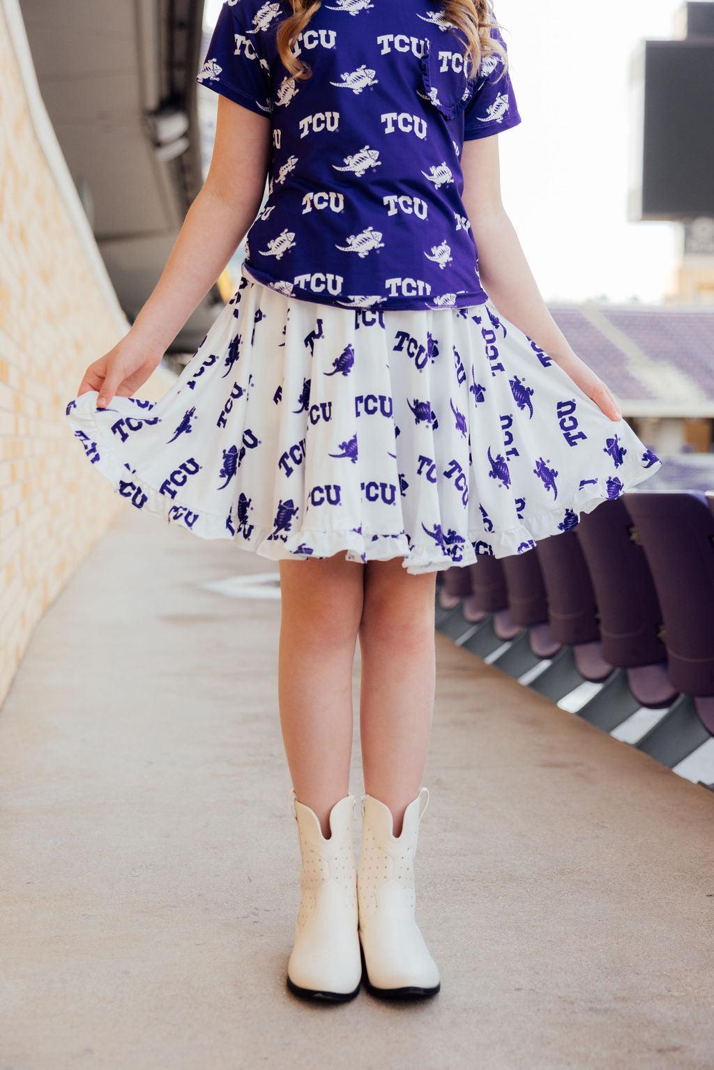 TCU White Frog Ruffle Twirl Skort-Mila & Rose ®