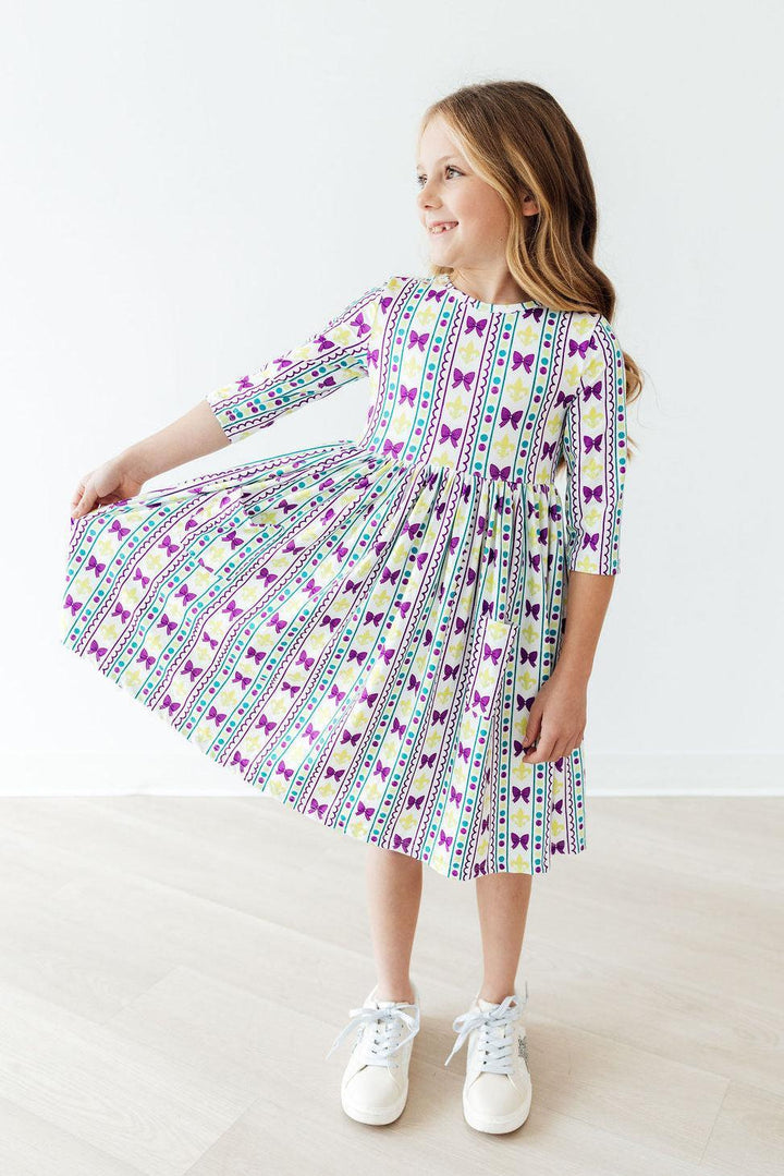 Mardi Gras 3/4 Sleeve Pocket Twirl Dress-Mila & Rose ®
