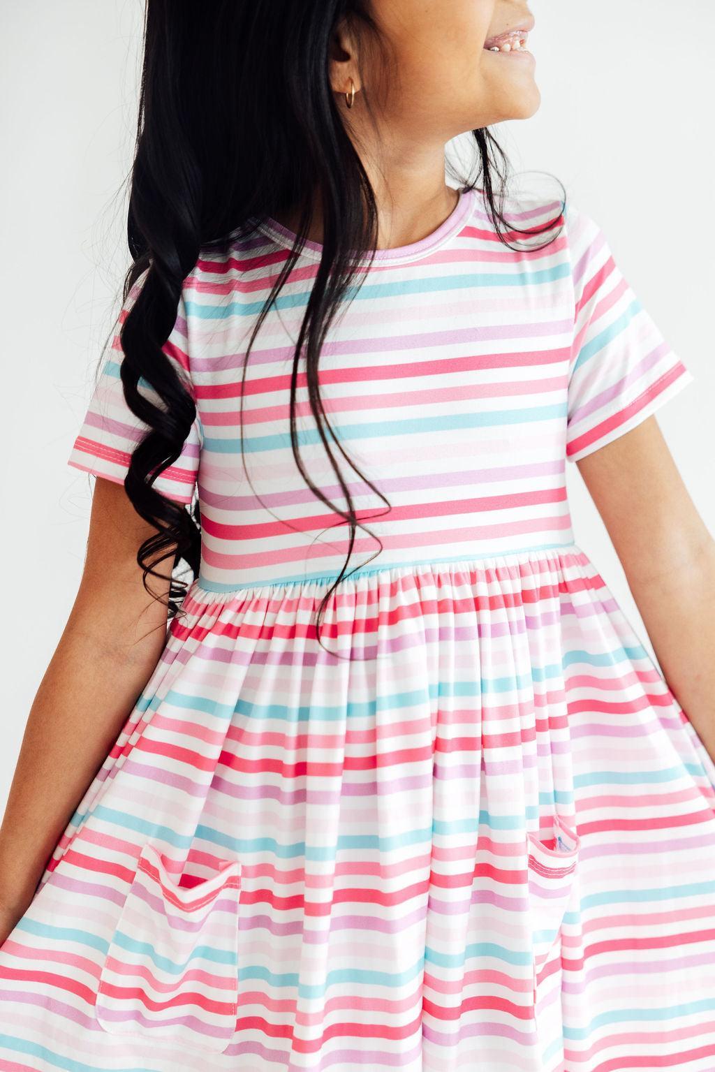 (S) Pastel Stripes S/S Pocket Twirl Dress-Mila & Rose ®