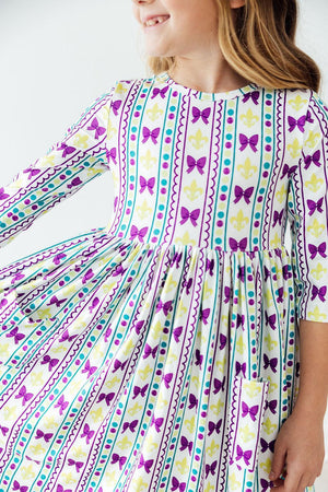 Mardi Gras 3/4 Sleeve Pocket Twirl Dress-Mila & Rose ®