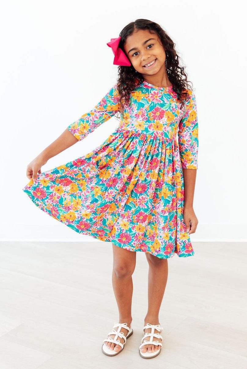 Floral Fiesta 3/4 Sleeve Pocket Twirl Dress-Mila & Rose ®