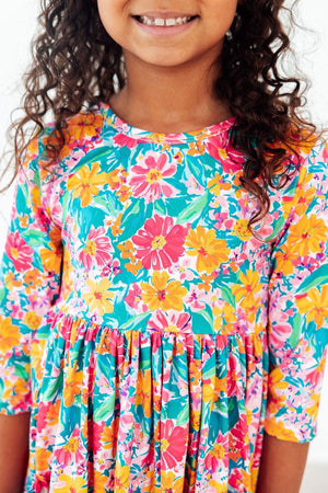 Floral Fiesta 3/4 Sleeve Pocket Twirl Dress-Mila & Rose ®