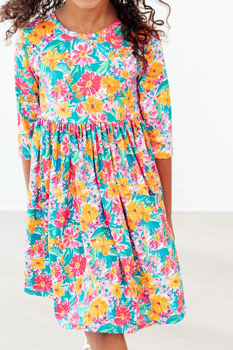 Floral Fiesta 3/4 Sleeve Pocket Twirl Dress-Mila & Rose ®
