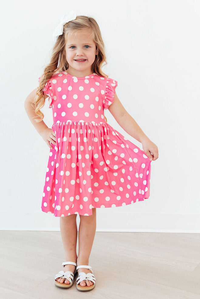 (V) Pink Polka Dots Flutter Sleeve Twirl Dress-Mila & Rose ®