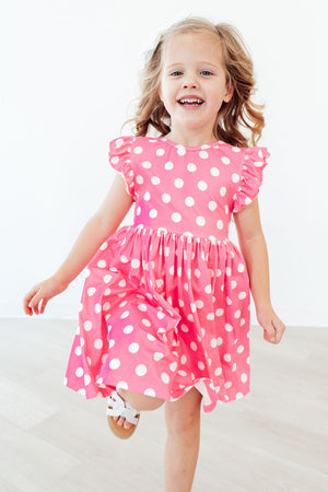 (V) Pink Polka Dots Flutter Sleeve Twirl Dress-Mila & Rose ®
