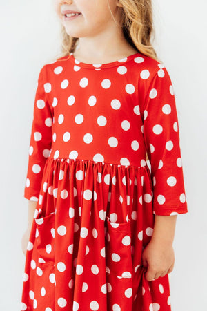 Red Polka Dots 3/4 Sleeve Pocket Twirl Dress-Mila & Rose ®