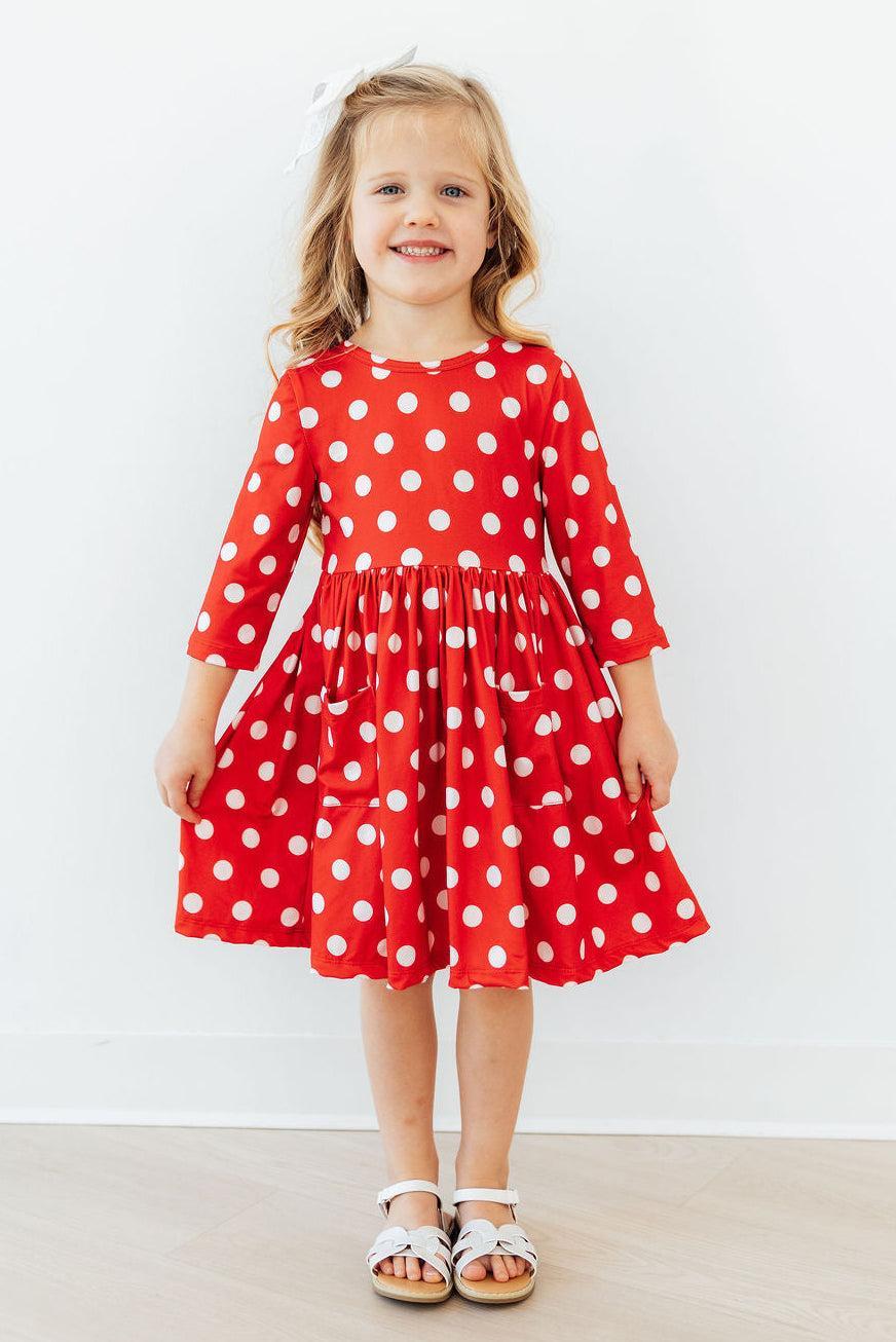 red long sleeve polka dot dress Girls' Red Polka Dots 3/4 Sleeve Pocket Twirl Dress Size: 2T Toddler By Mila & Rose