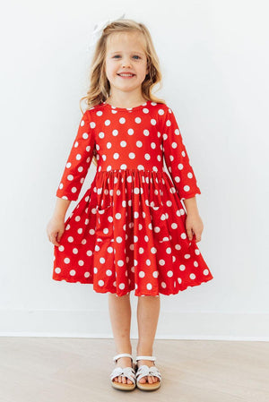 Red Polka Dots 3/4 Sleeve Pocket Twirl Dress-Mila & Rose ®