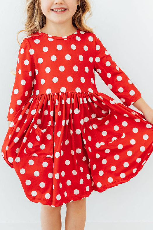 Red Polka Dots 3/4 Sleeve Pocket Twirl Dress 2T