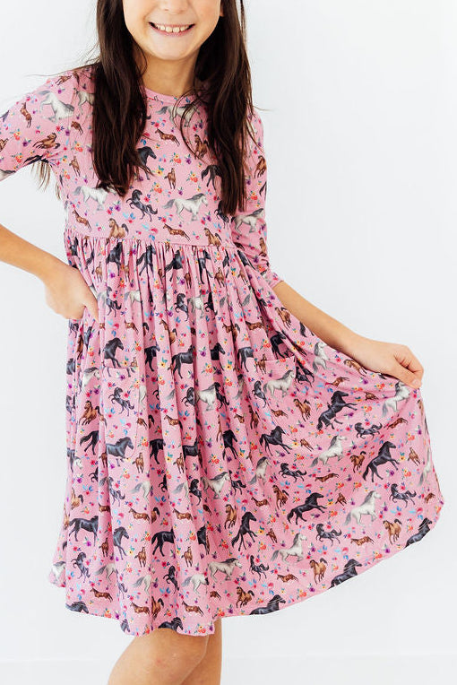 Petals & Ponies 3/4 Sleeve Pocket Twirl Dress-Mila & Rose ®