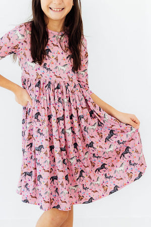 Petals & Ponies 3/4 Sleeve Pocket Twirl Dress-Mila & Rose ®
