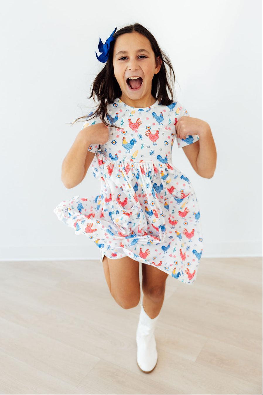 Rainbow Roosters S/S Pocket Twirl Dress-Mila & Rose ®