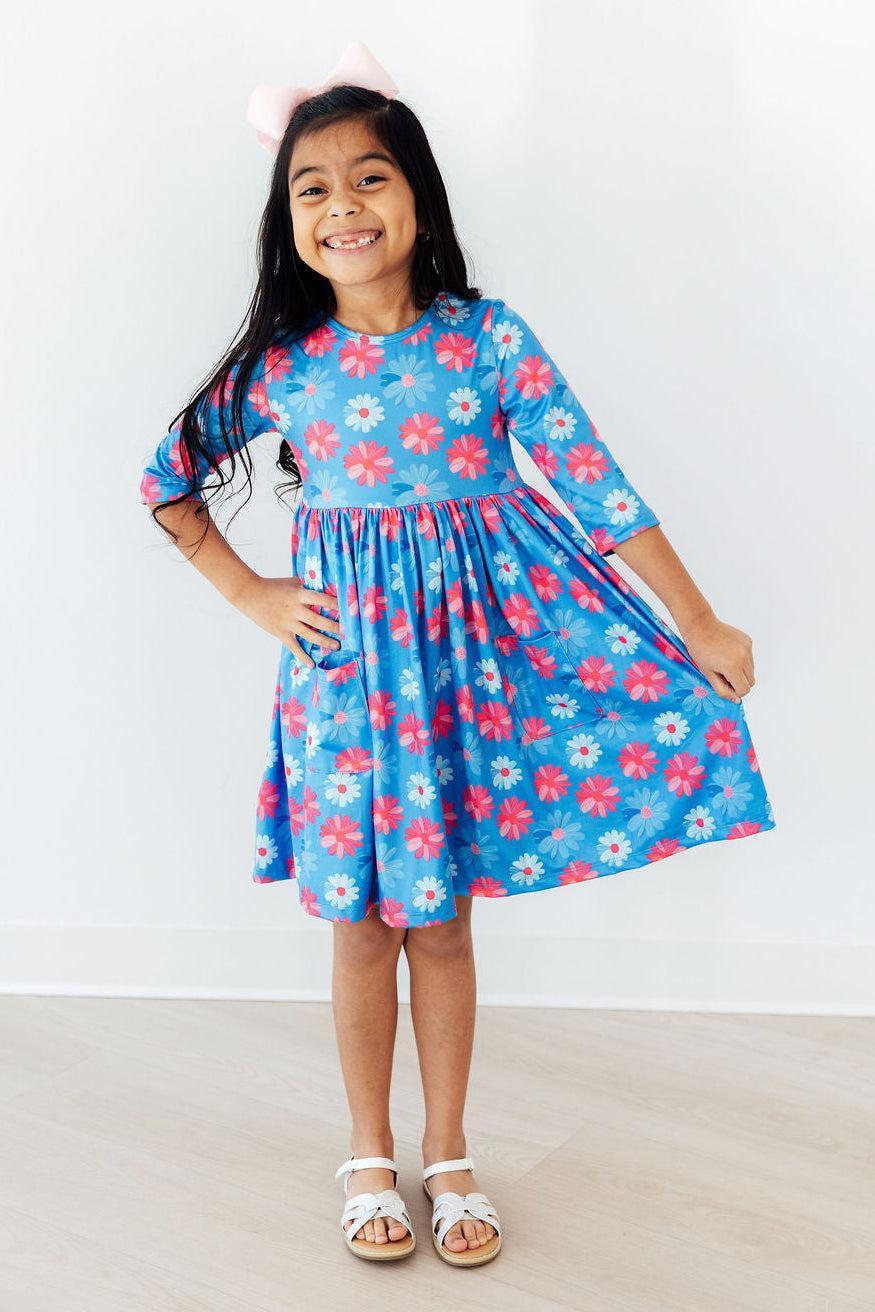 Girls' Cotton Candy Daisy 3/4 Sleeve Pocket Twirl Dress Size: 6-12m By Mila & Rose