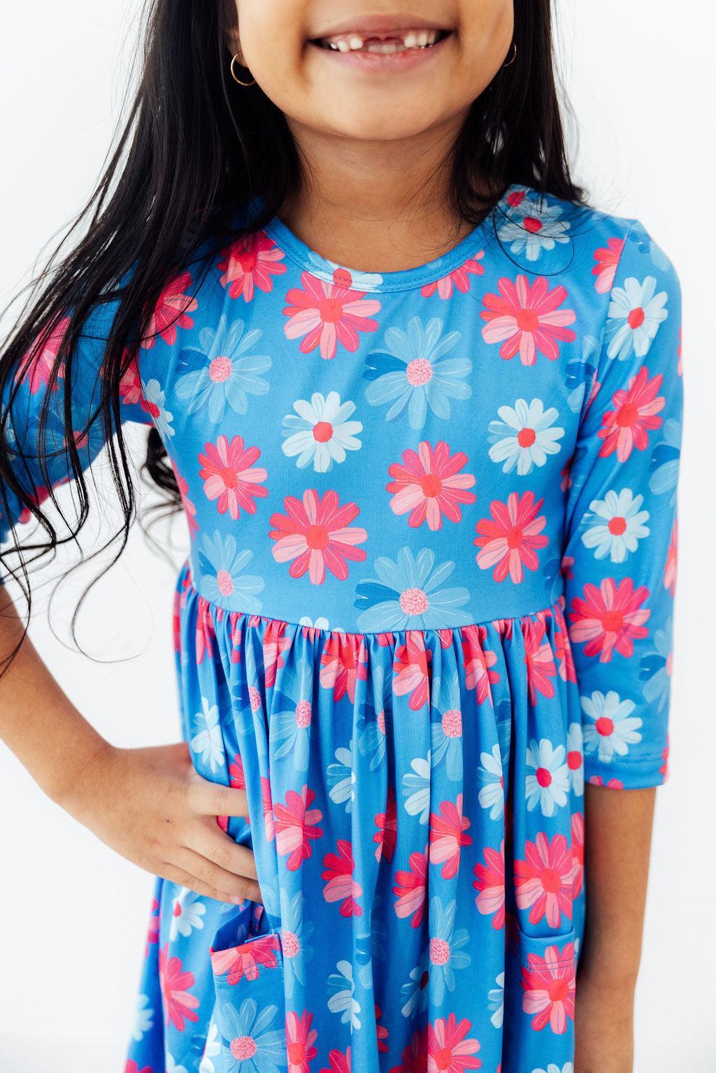 long sleeve daisy dress Girls' Cotton Candy Daisy 3/4 Sleeve Pocket Twirl Dress Size: 6-12m By Mila & Rose