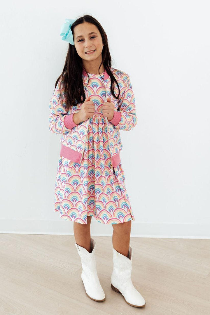 (V) Watercolor Rainbows S/S Pocket Twirl Dress-Mila & Rose ®