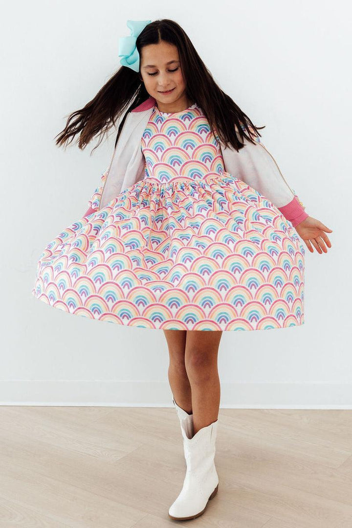 (V) Watercolor Rainbows S/S Pocket Twirl Dress-Mila & Rose ®