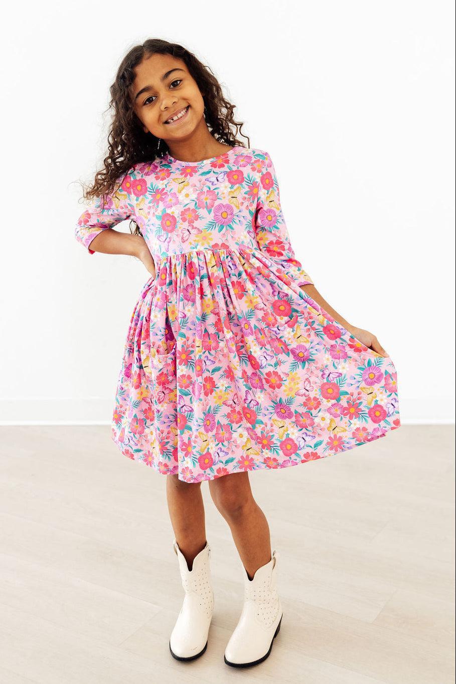 Fluttering Garden 3/4 Sleeve Pocket Twirl Dress-Mila & Rose ®