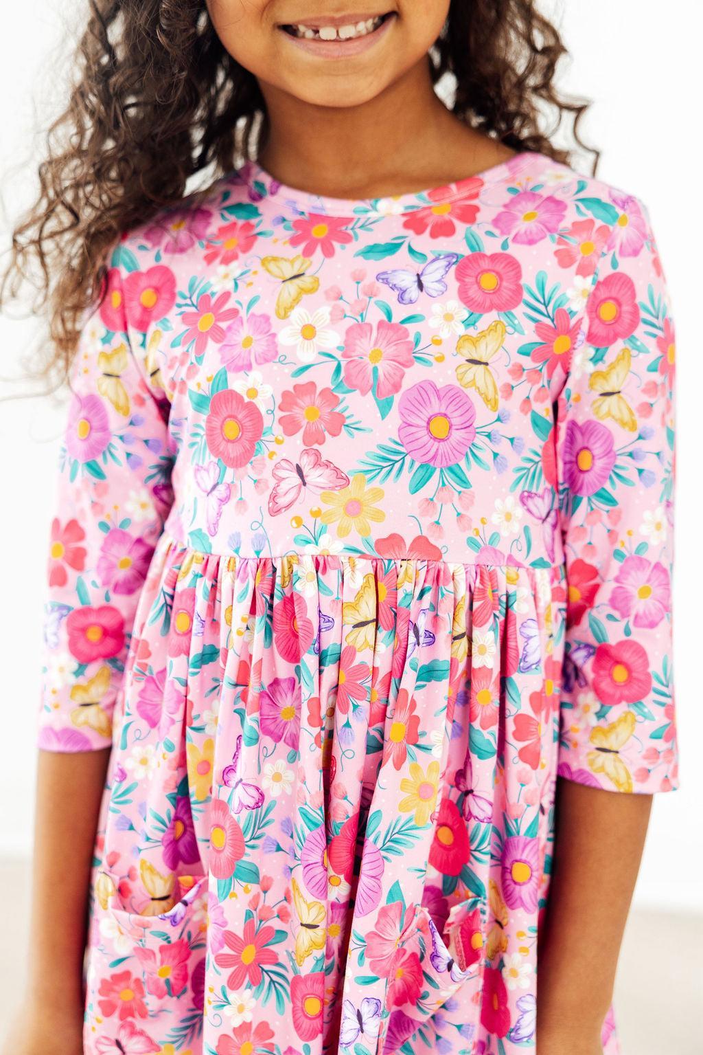 Fluttering Garden 3/4 Sleeve Pocket Twirl Dress-Mila & Rose ®