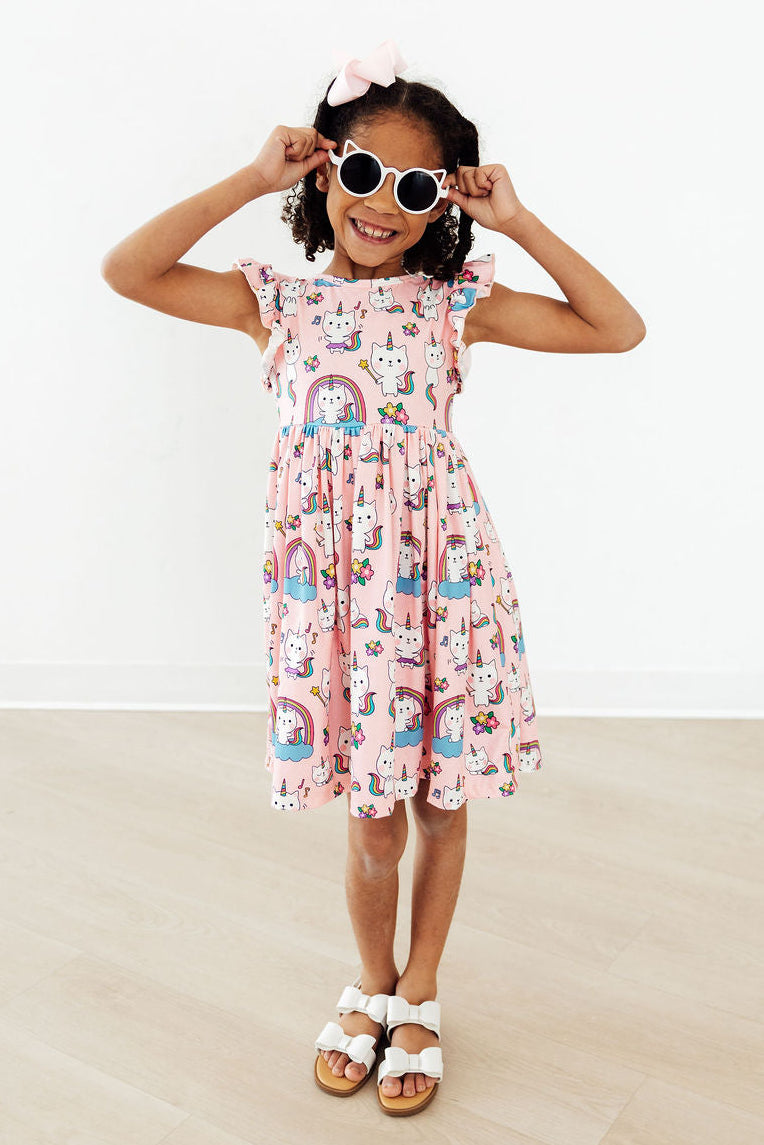 Rainbow Purr-fection Flutter Sleeve Twirl Dress-Mila & Rose ®