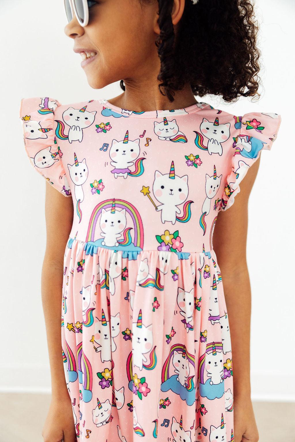 Rainbow Purr-fection Flutter Sleeve Twirl Dress-Mila & Rose ®
