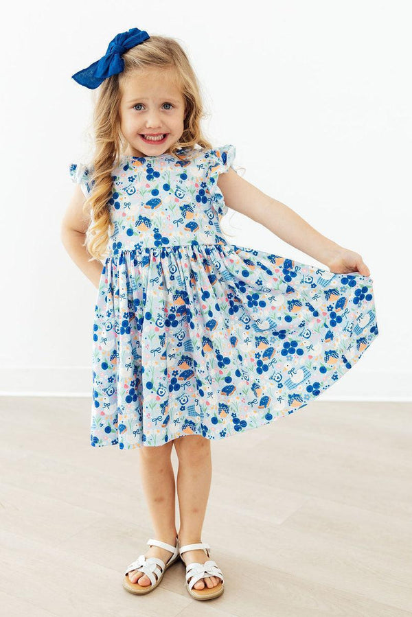 Blueberry Picnic Flutter Sleeve Twirl Dress | Mila & Rose