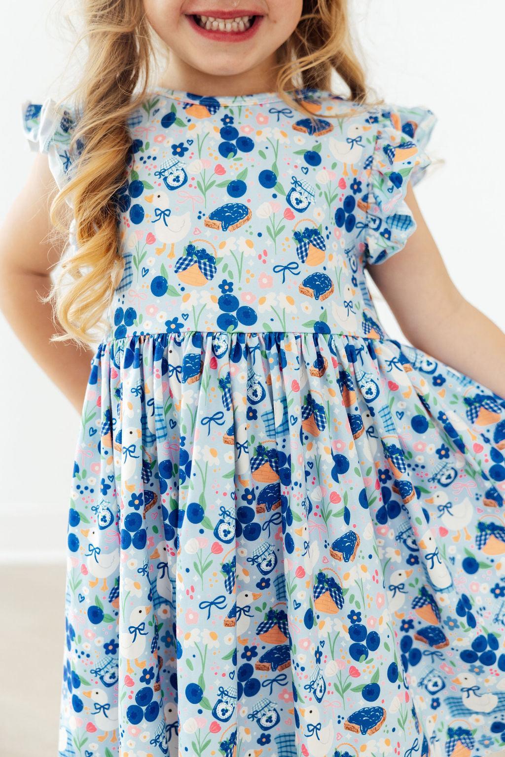 midi linen dress blue stripe Blueberry Picnic Flutter Sleeve Twirl Dress 9/10