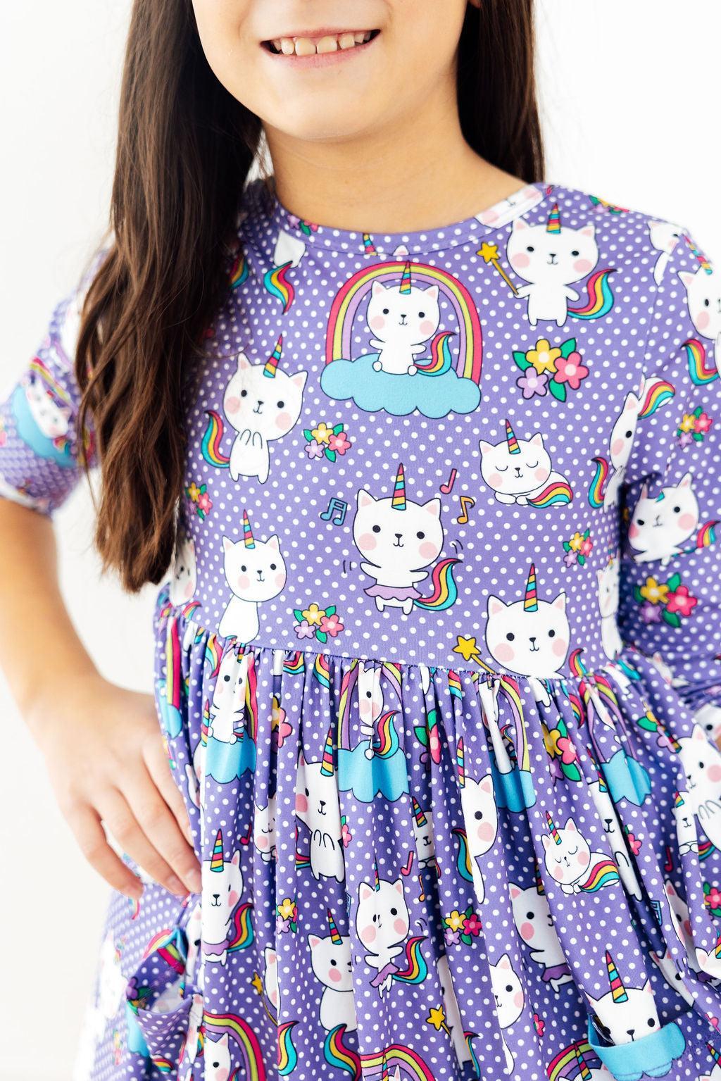 Kitties in the Clouds 3/4 Sleeve Pocket Twirl Dress-Mila & Rose ®
