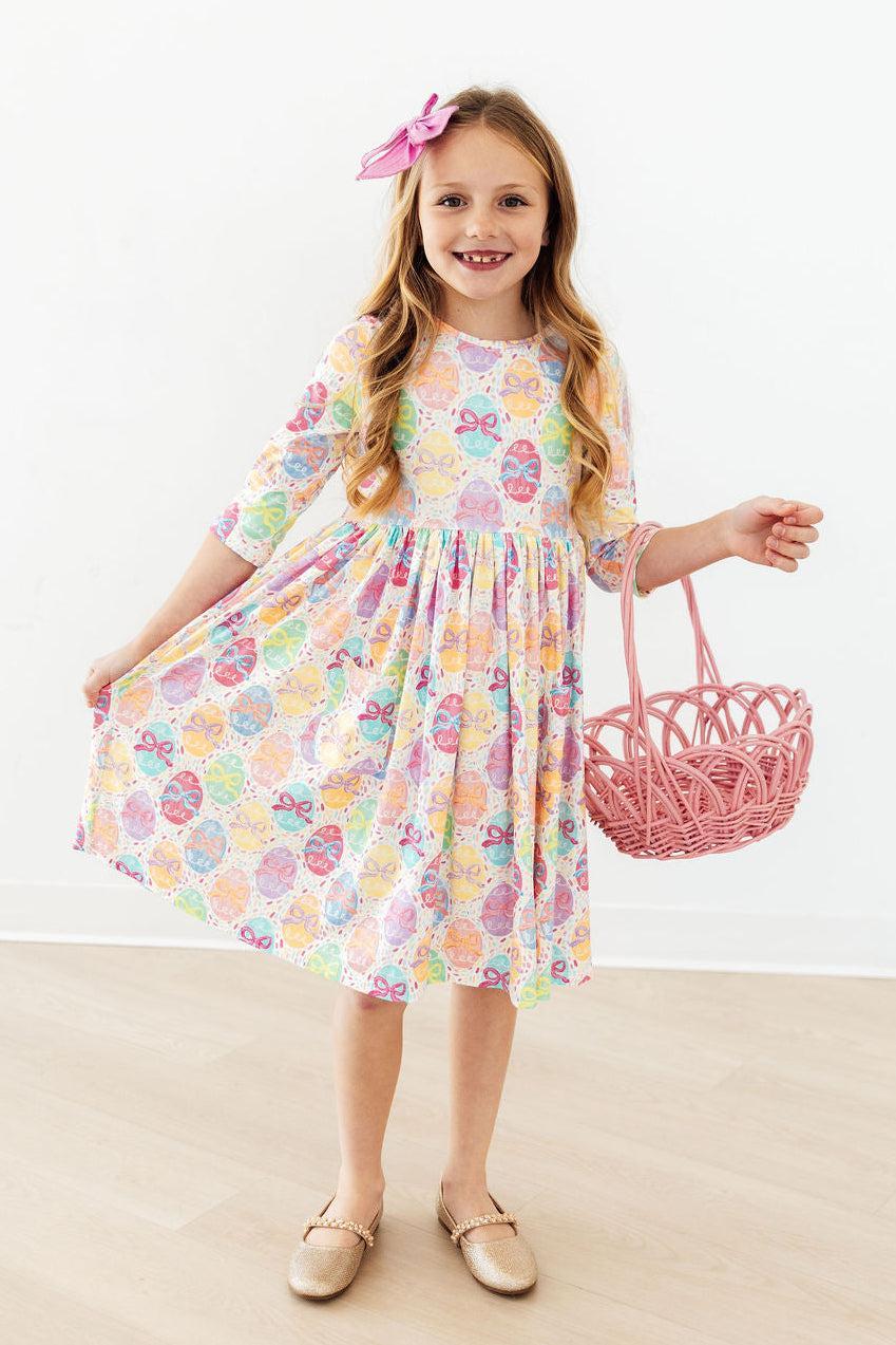 Girls' Egg-Stra Cute 3/4 Sleeve Pocket Twirl Dress Size: 7/8 by Mila & Rose