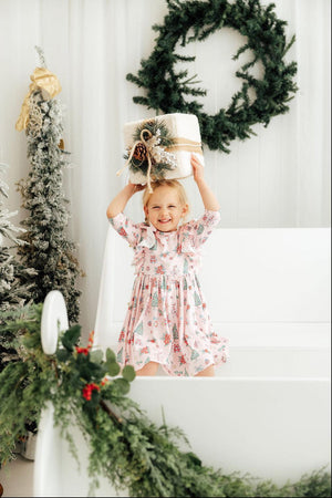 Pink Christmas 3/4 Sleeve Ruffle Twirl Dress-Mila & Rose ®