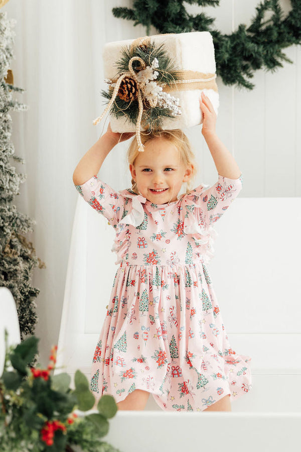 Pink Christmas 3/4 Sleeve Ruffle Twirl Dress 4T