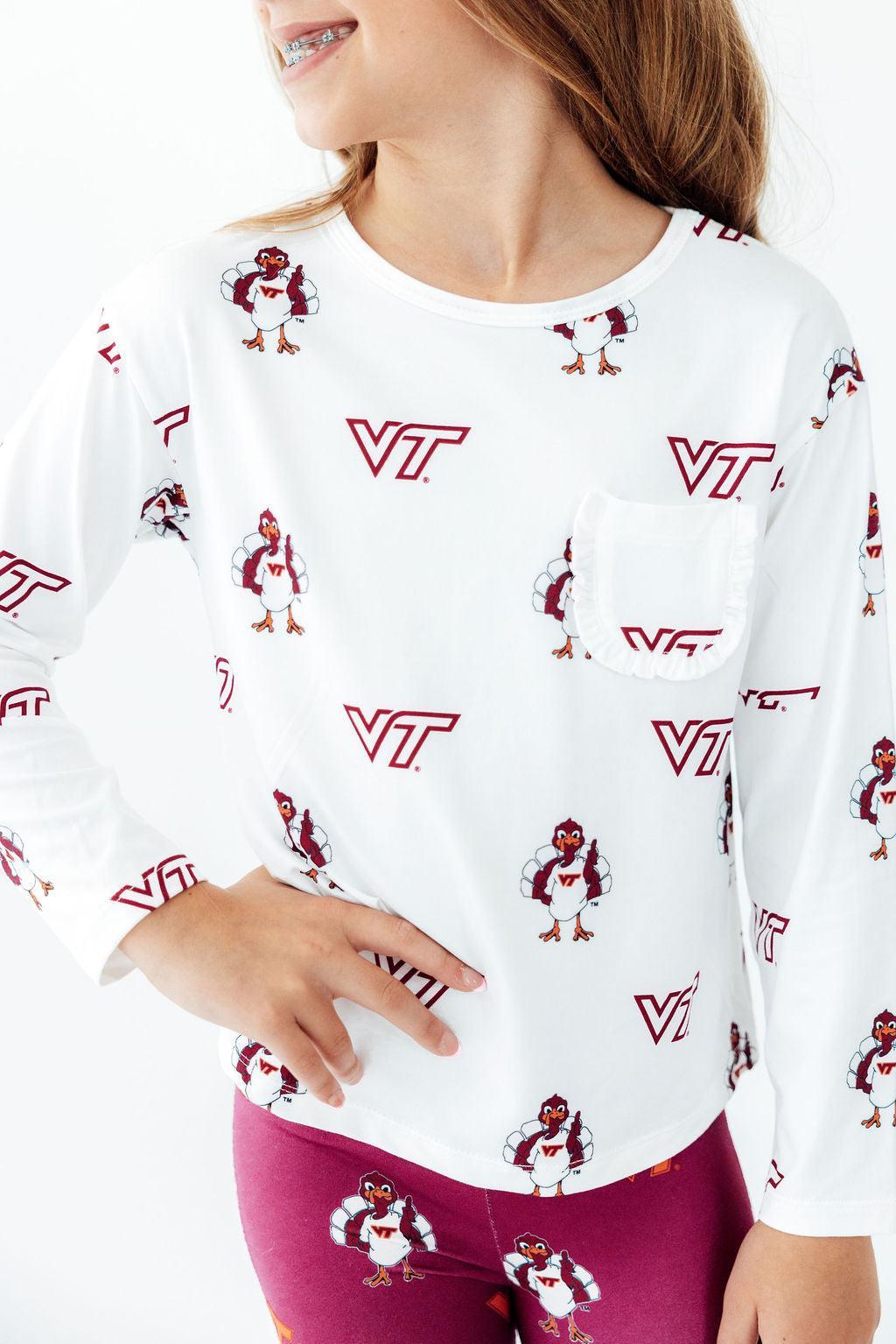 Virginia Tech White Hokie L/S Ruffle Pocket Tee-Mila & Rose ®